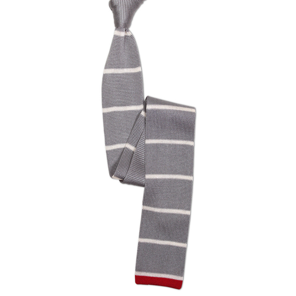 Light grey silk knit tie with white stripes and red accent tip by Soxfords