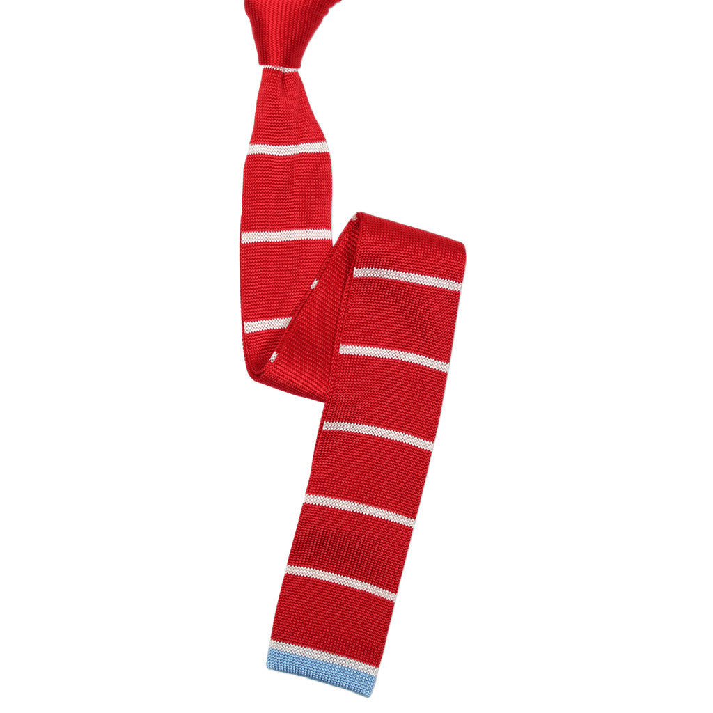 Red silk knit tie with contrasting white stripes by Soxfords