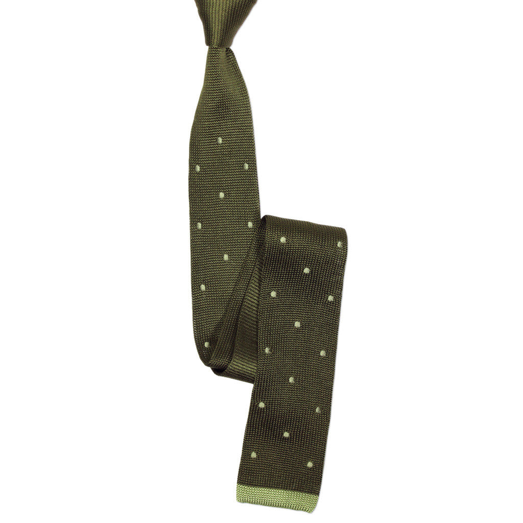Green silk knit tie with polka dot pattern by Soxfords