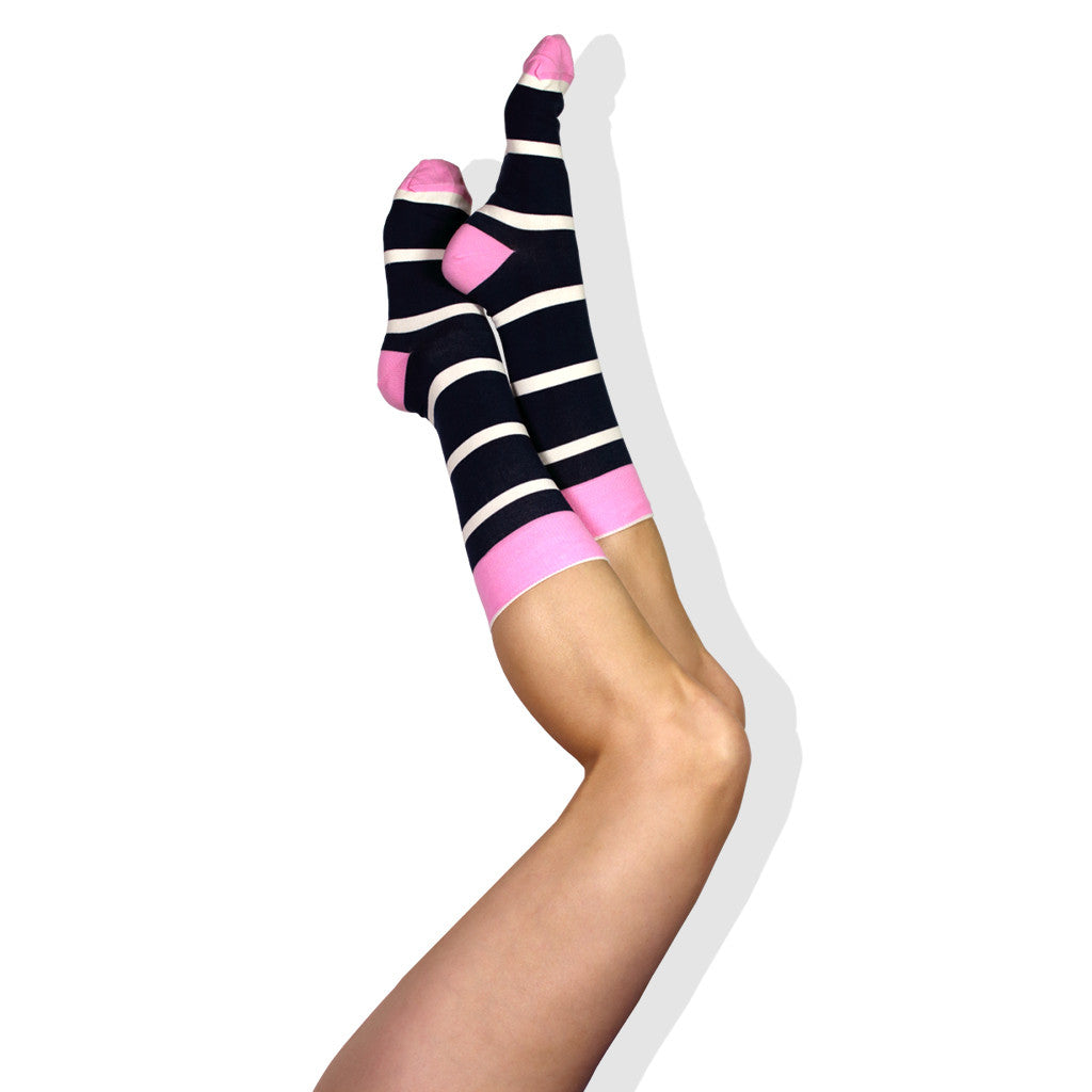 Women's navy blue Pima socks with white stripes and pink accents by Soxfords