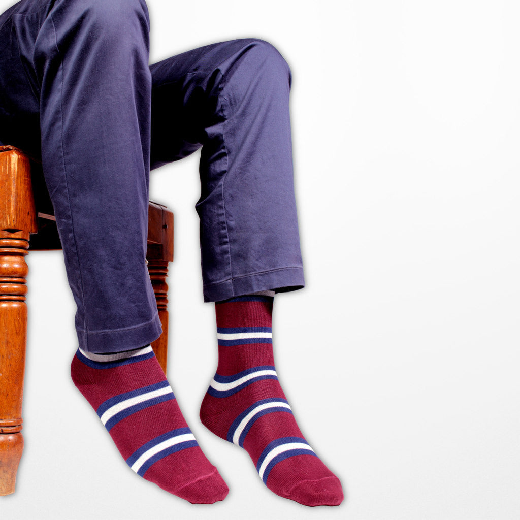 Maroon Pima cotton men's socks with navy and white stripes
