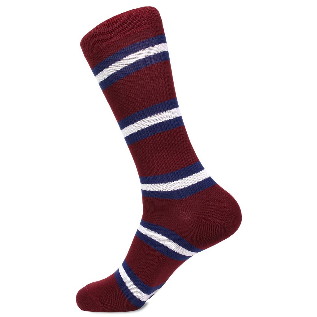Maroon Pima cotton men's socks with navy and white stripes