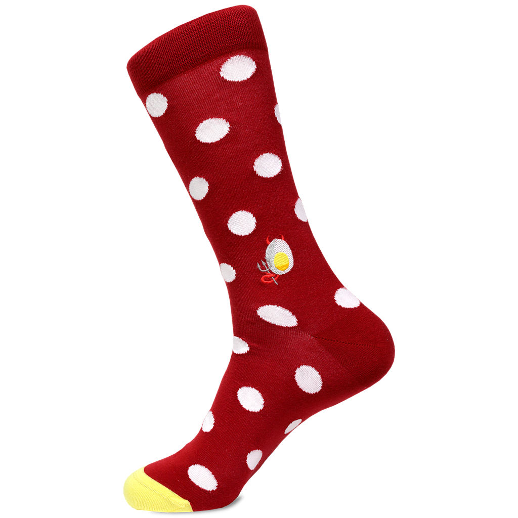 Burgundy "Deviled Eggs" embroidered Pima cotton socks with white polka dots by Soxfords