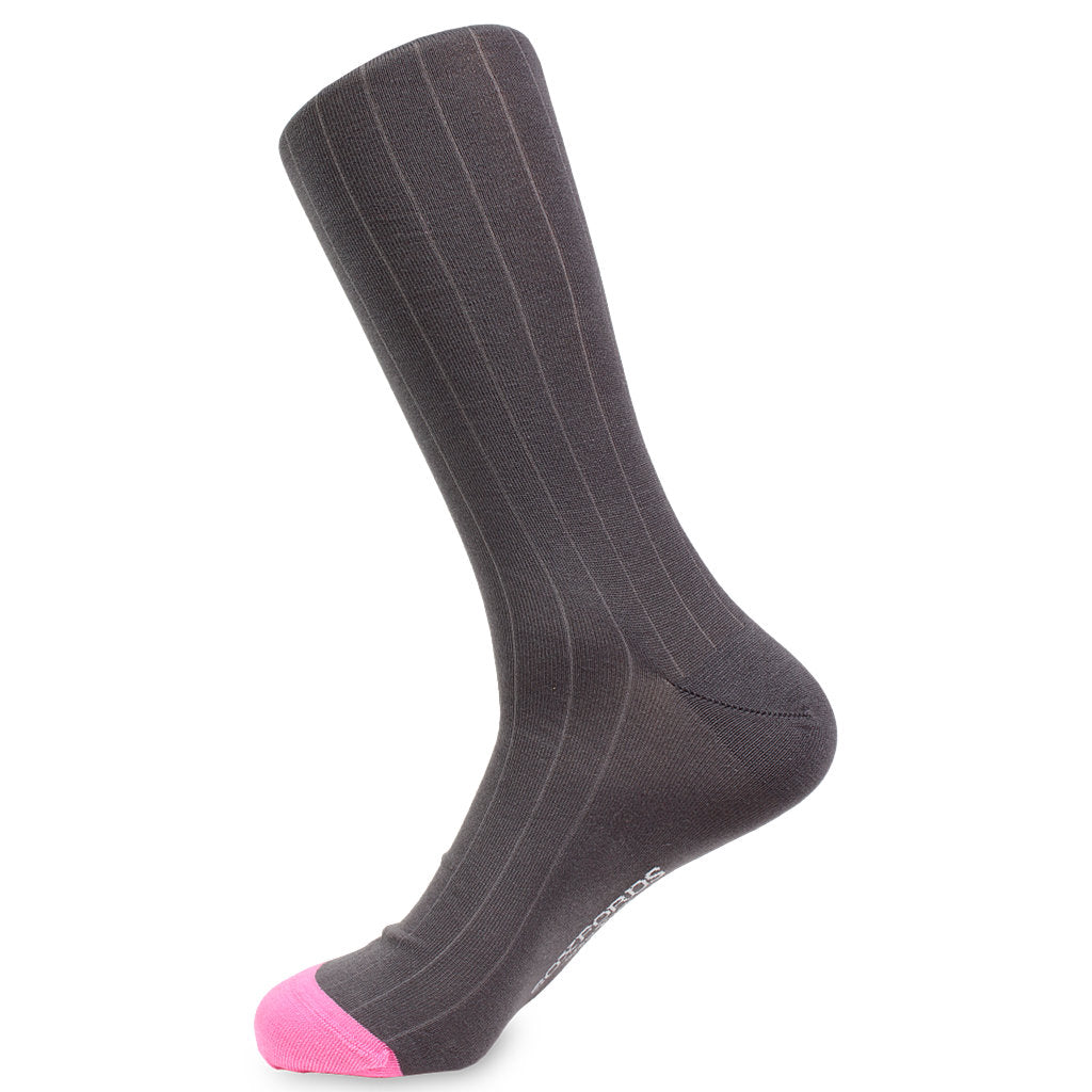 Grey Ribbed Pima Cotton Dress Socks with Pink Contrast Toe