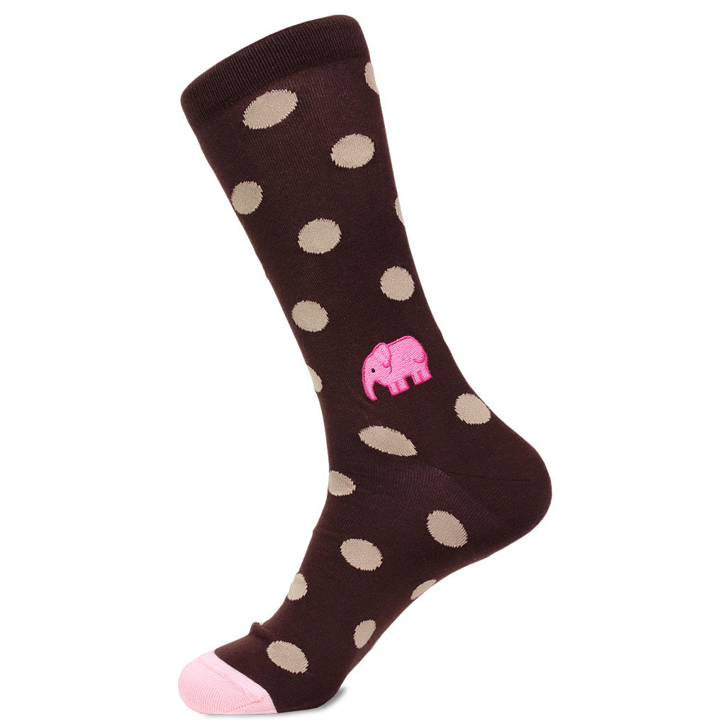 Brown Polka Dot Pima Socks with Pink Elephant Embroidery