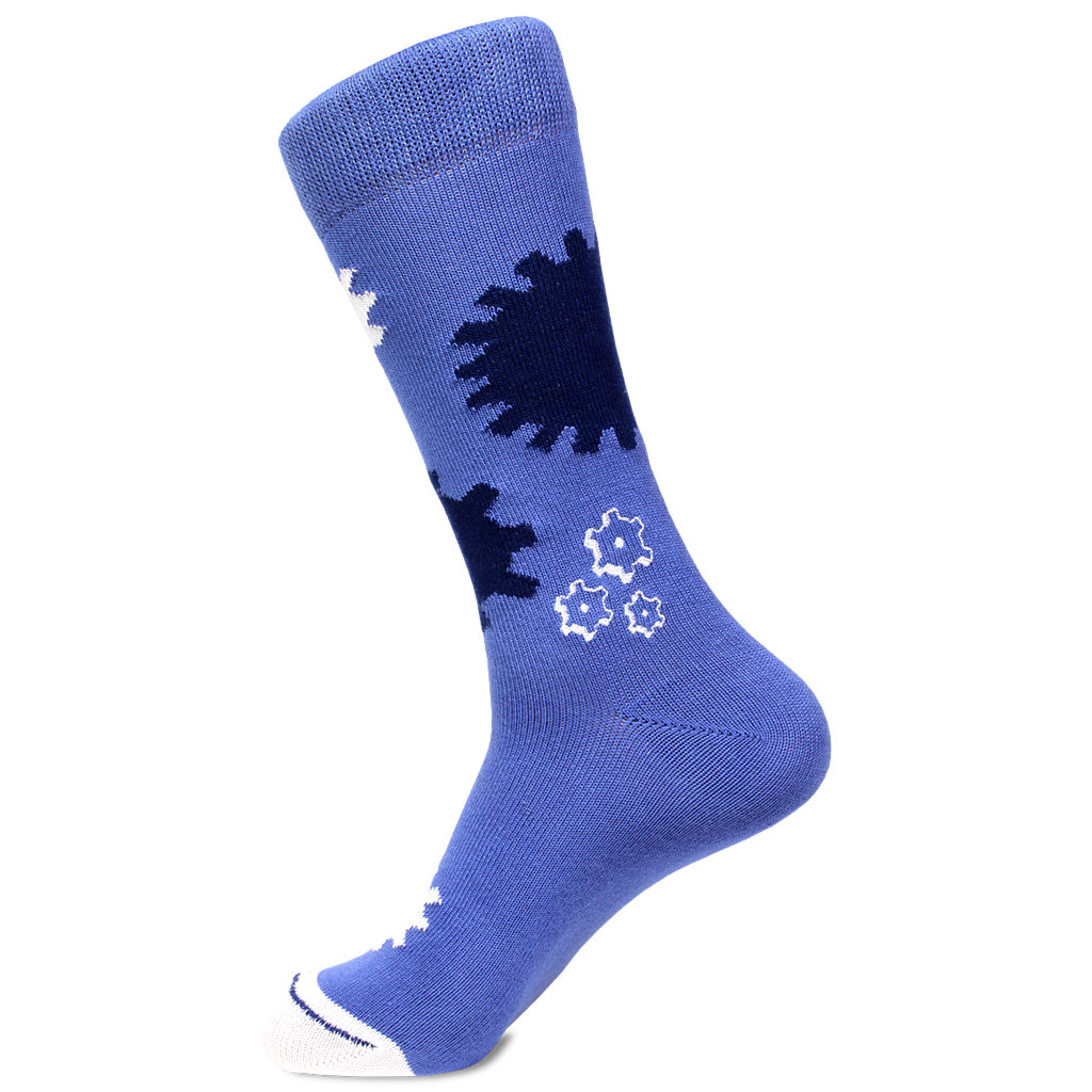 Bright Blue Pima Cotton Socks with Gears Pattern by Soxfords