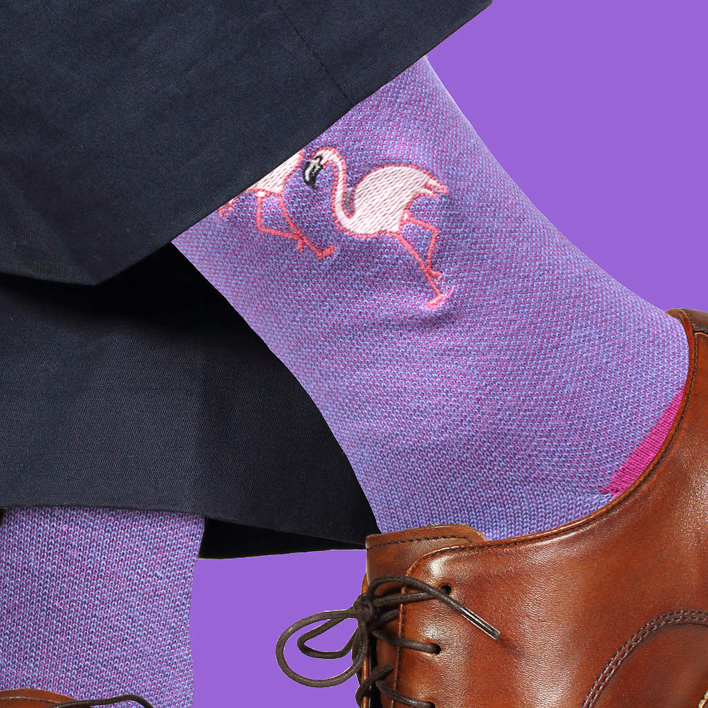 Birdseye Patterned Men's Dress Socks with Flamingo Embroidery 