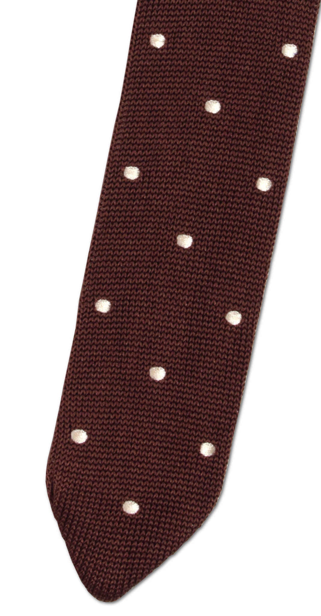 Brown Skinny Pointed Tip Silk Knit Tie with Ivory Pin Dots