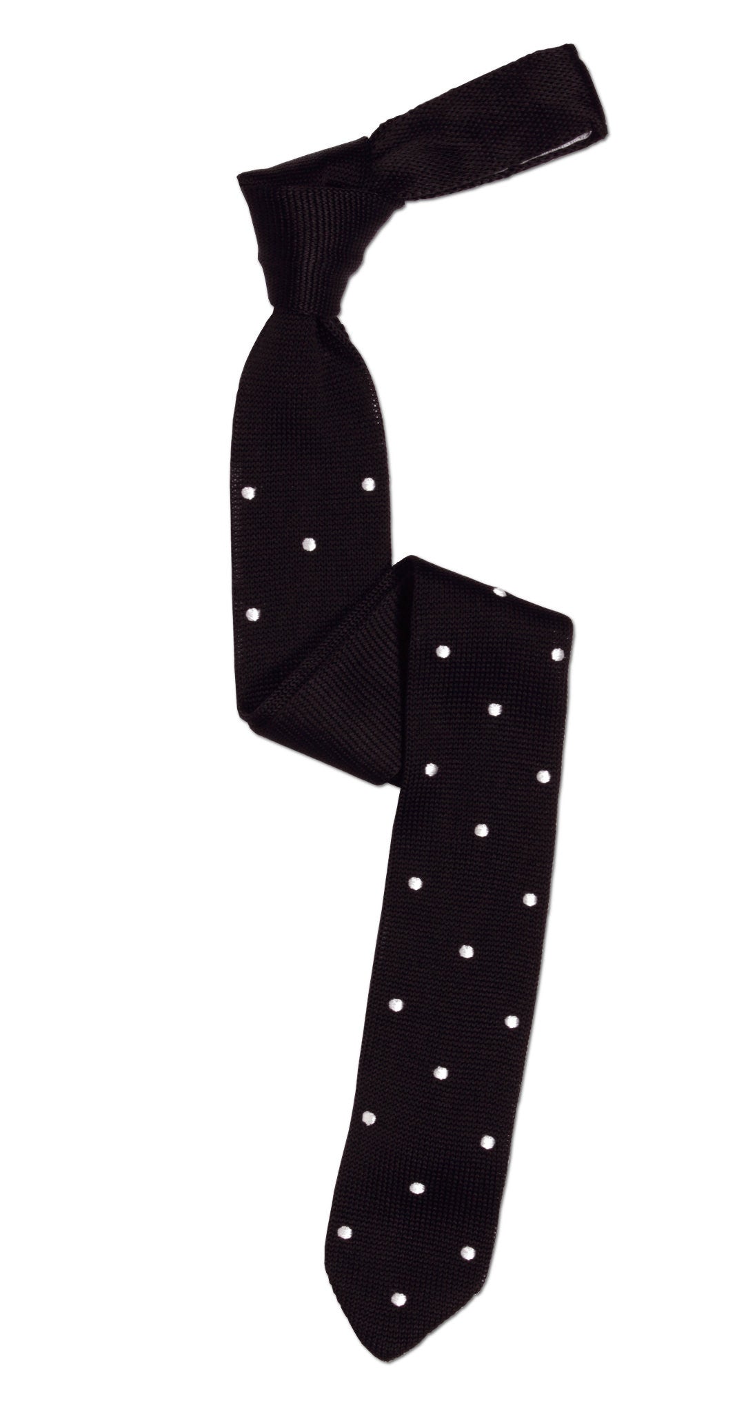 Black knitted tie with white pin dots