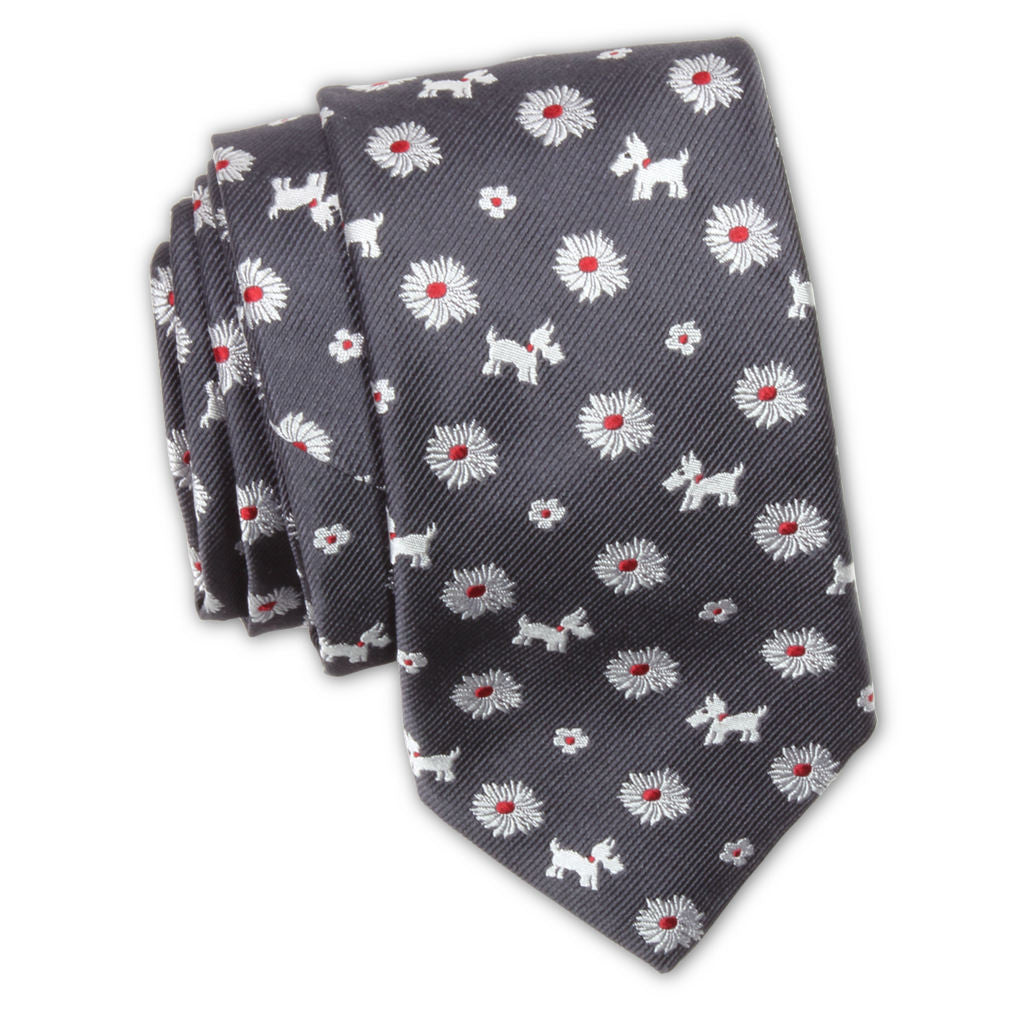 Scottie Dogs and Daisies Patterned Silk Embroidered Necktie by Soxfords