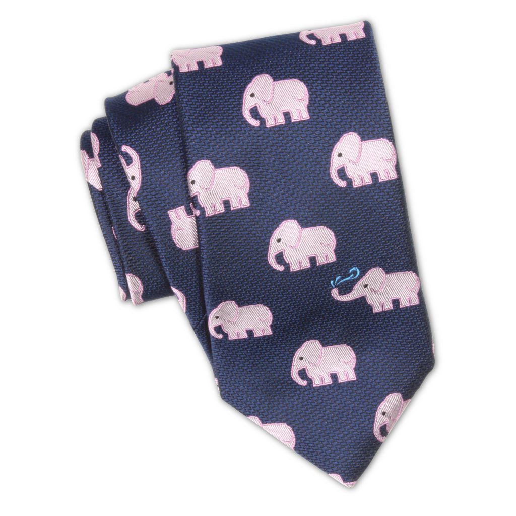 Pink Elephant Patterned Silk Embroidered Necktie, Made in the USA by Soxfords