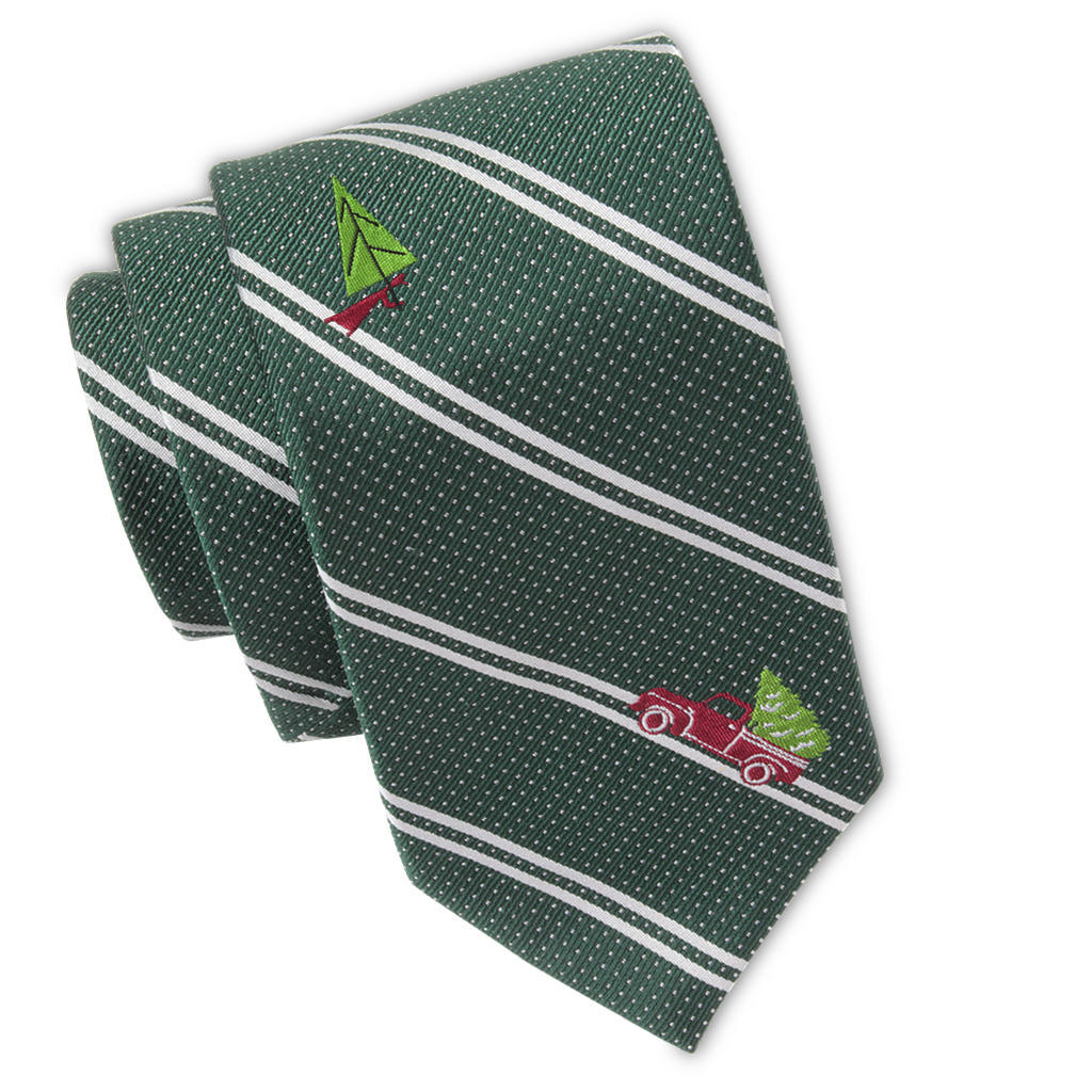 Christmas Tree Green Striped Silk Embroidered Necktie by Soxfords