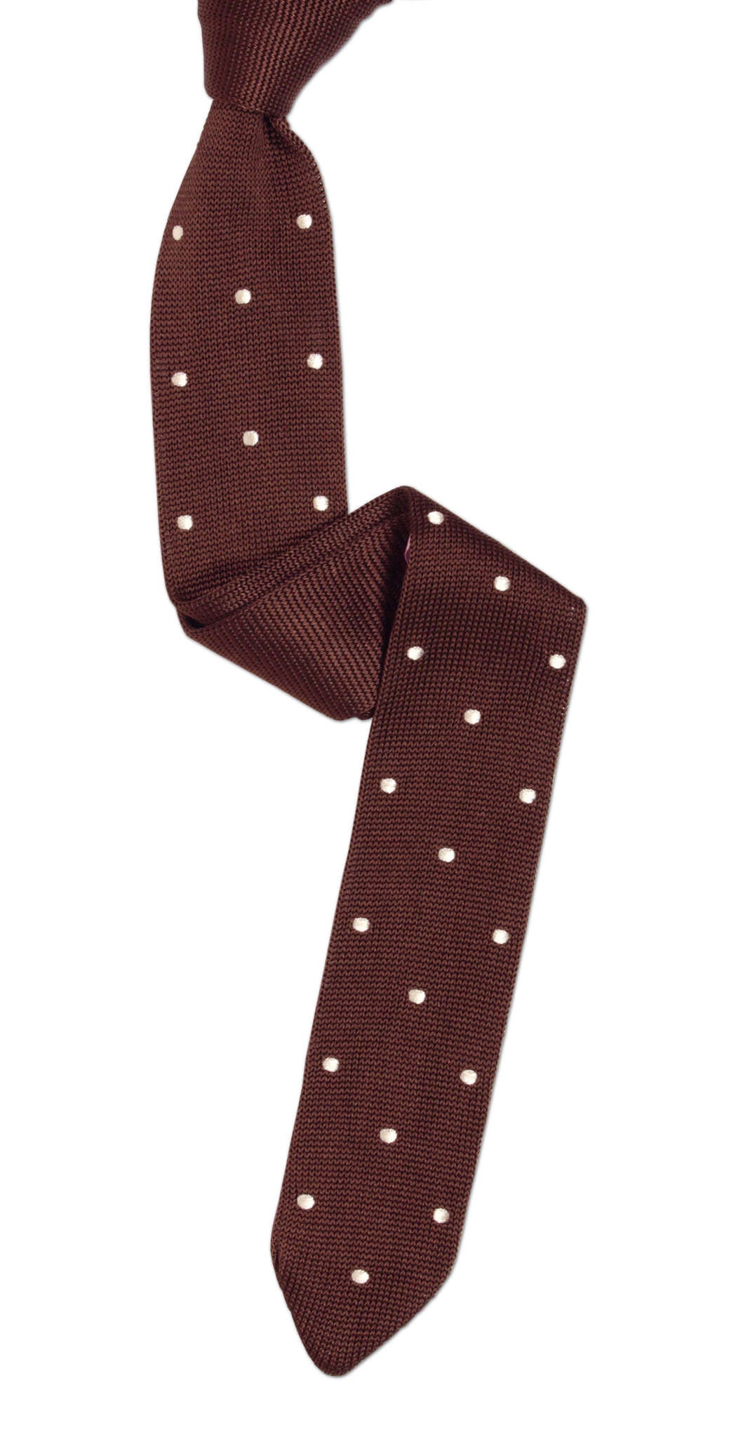Brown Skinny Pointed Tip Silk Knit Tie with Ivory Pin Dots