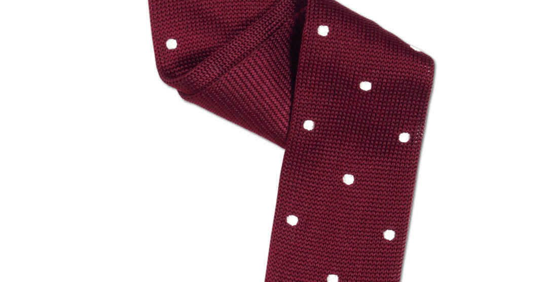 Burgundy Skinny Pointed Tip Silk Knit Tie with White Pin Dots