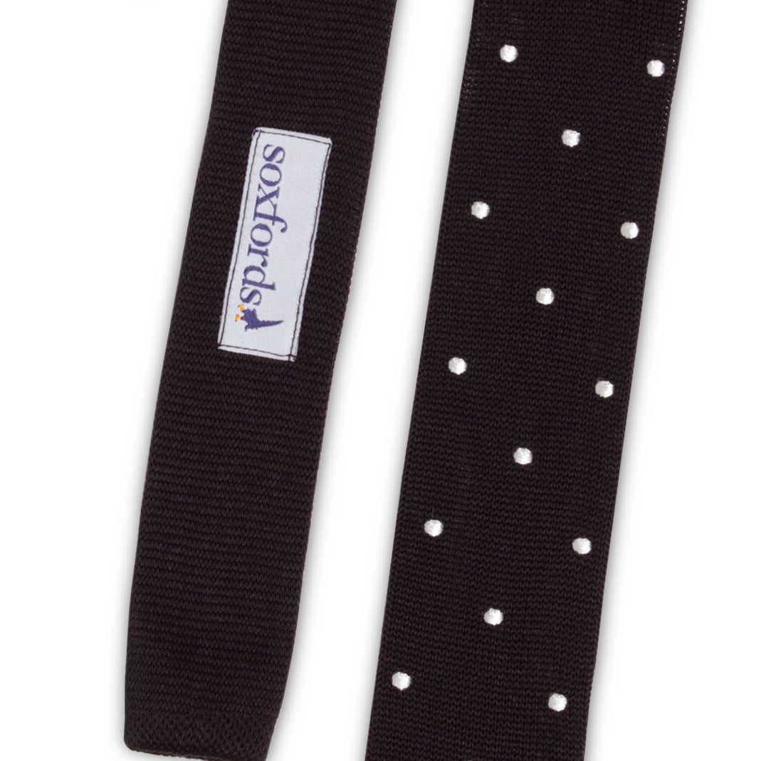 Black silk knit tie with white pin dots