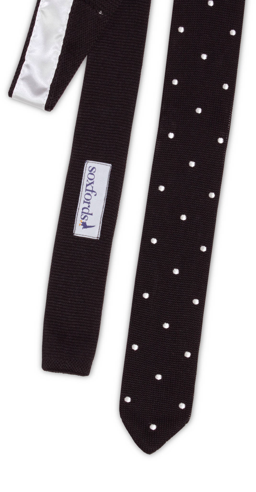 Black silk knit tie with white pin dots