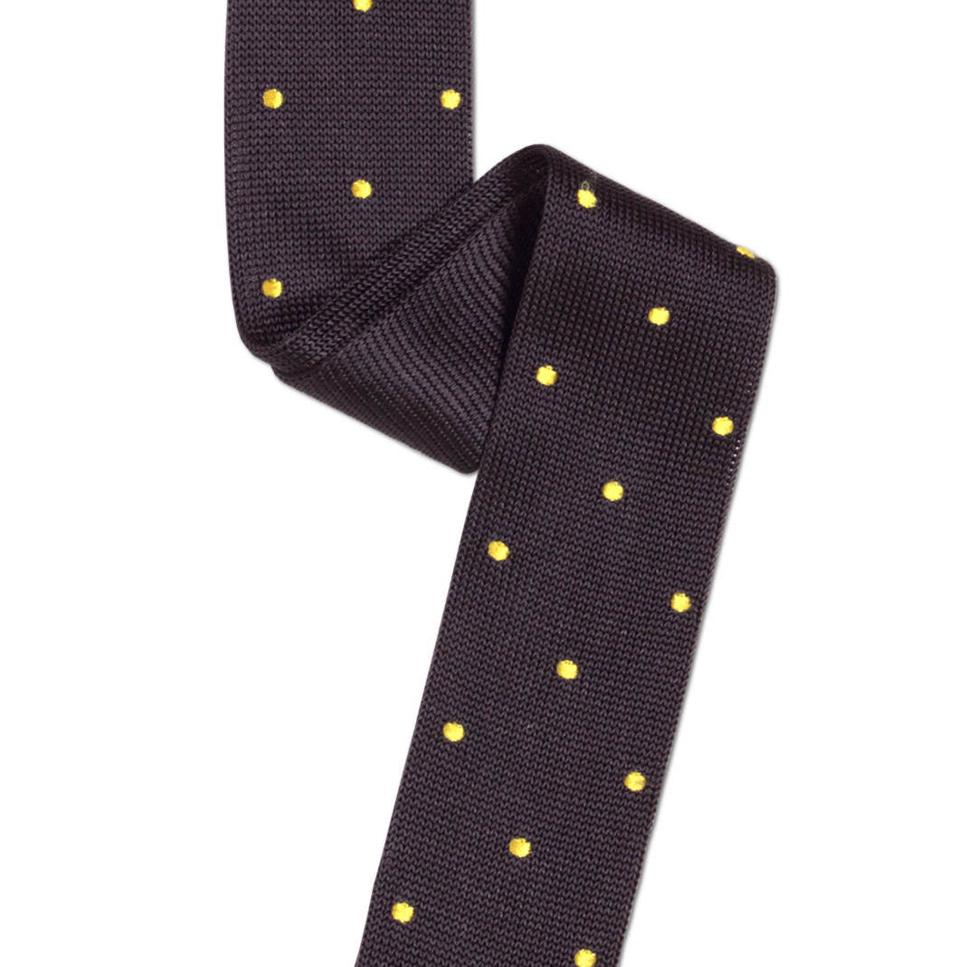 Dark Grey Pointed Tip Silk Knit Tie with Yellow Pin Dots
